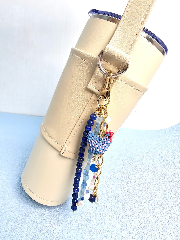 Handcrafted Chicken Charm Lapis Aquamarine And Pearls Tassel Phone Strap/ Bag Charm PC111