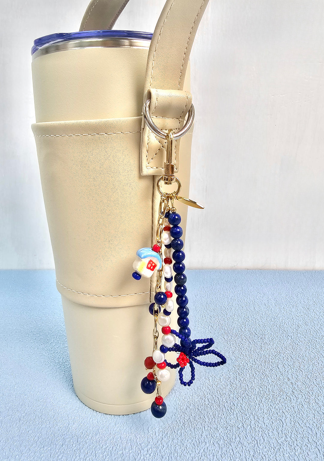 Flower Lapis And Pearls With Ceramic House Charm Phone Strap & Bag Charm PC104