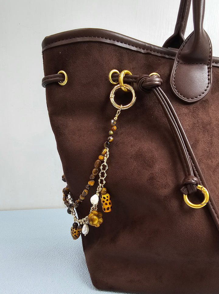 Leopard Print Tiger-Eye Stone And Pearls Layered Bag Charm PC113