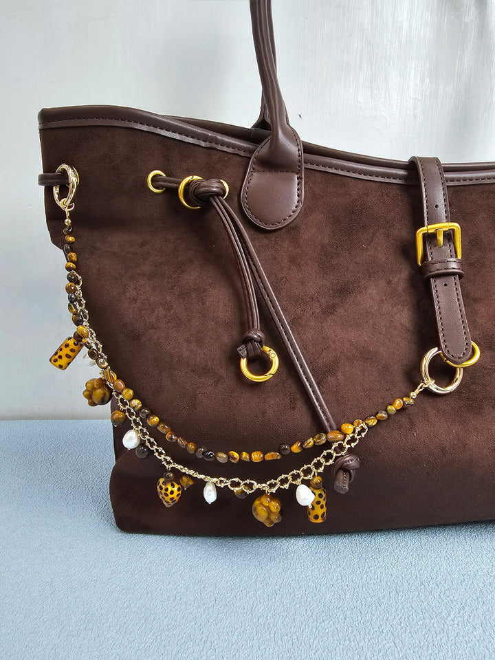 Leopard Print Tiger-Eye Stone And Pearls Layered Bag Charm PC113