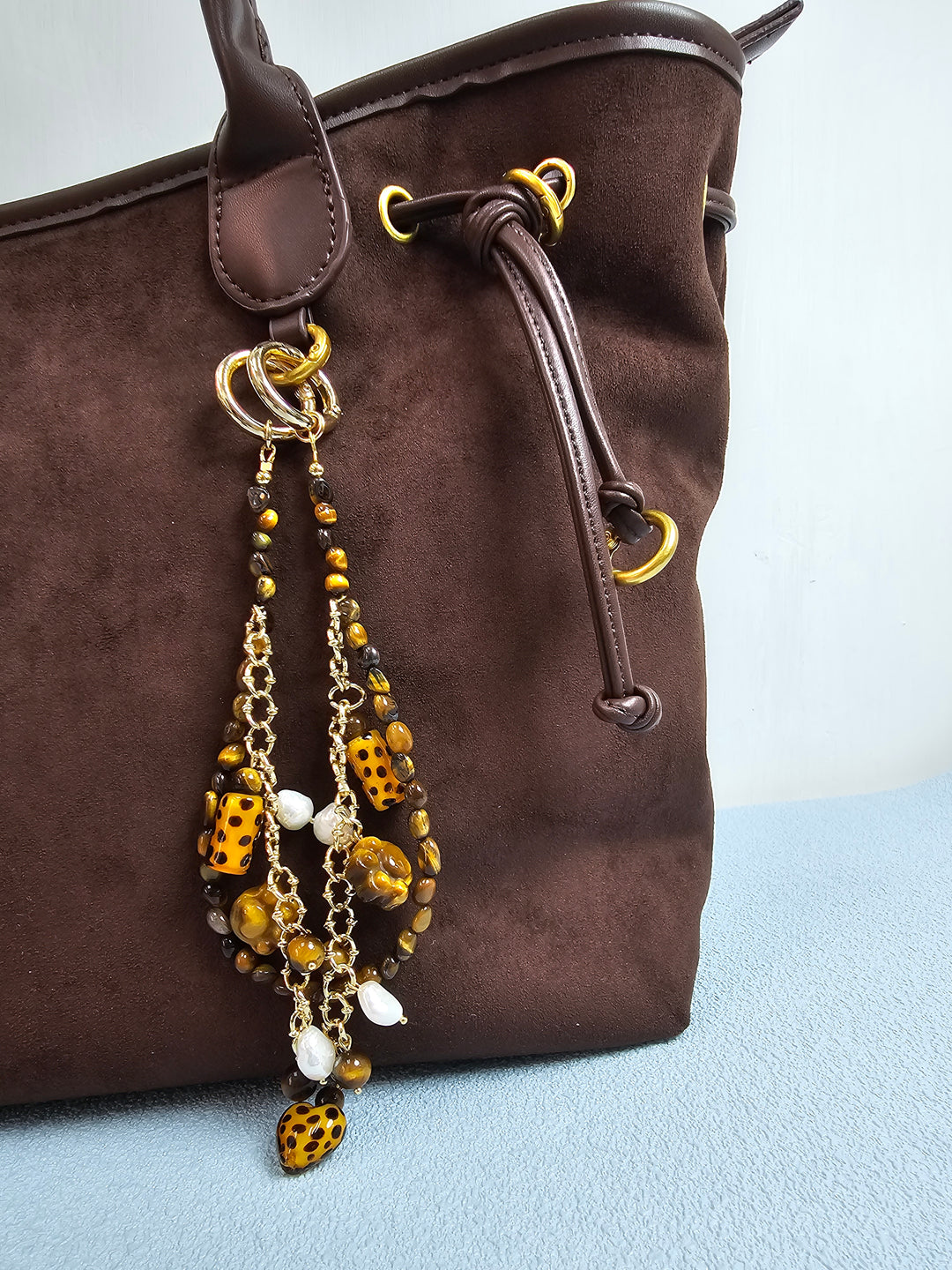 Leopard Print Tiger-Eye Stone And Pearls Layered Bag Charm PC113