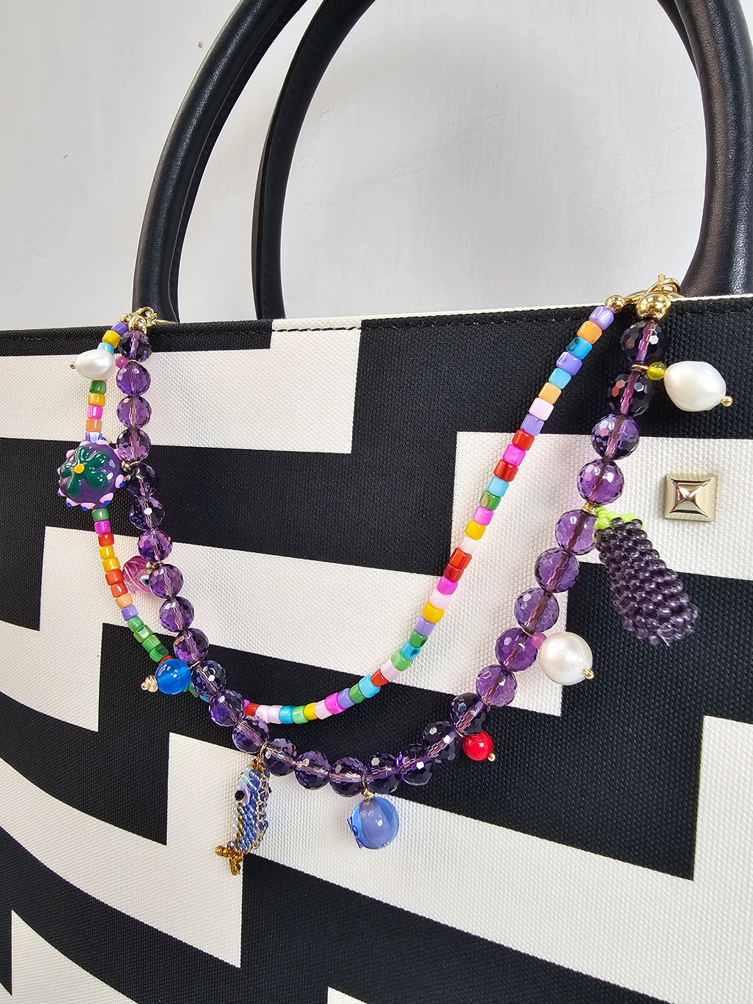 Playful Fish & Eggplant Charm Amethyst Bag Charm PC116