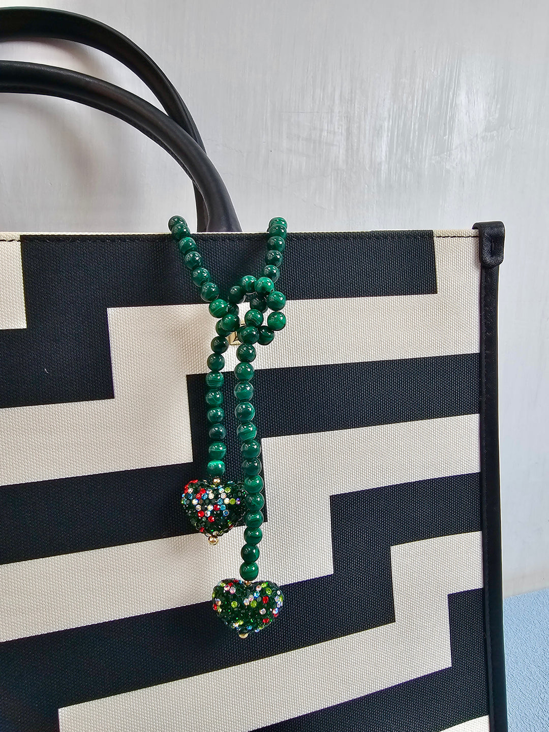 Malachite With Rhinestone Heart Open-Ended Versatile Bag Charm PC119