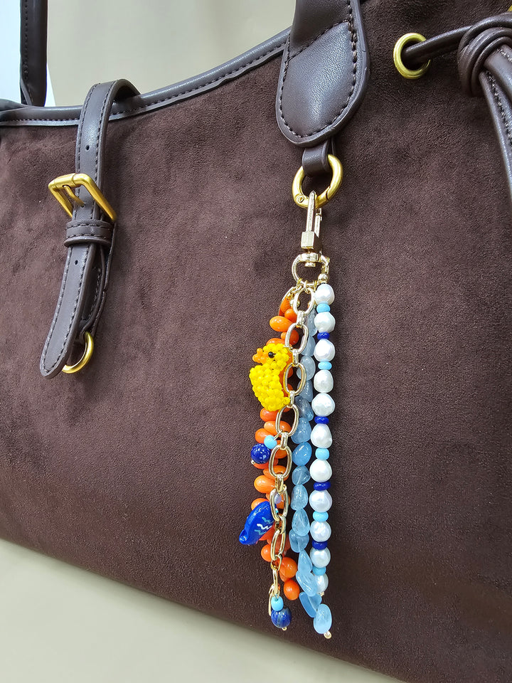 Duck & Fish Coral Aquamarine And Pearls Tassel Phone Strap / Bag Charm PC108