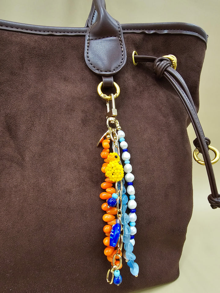 Duck & Fish Coral Aquamarine And Pearls Tassel Phone Strap / Bag Charm PC108