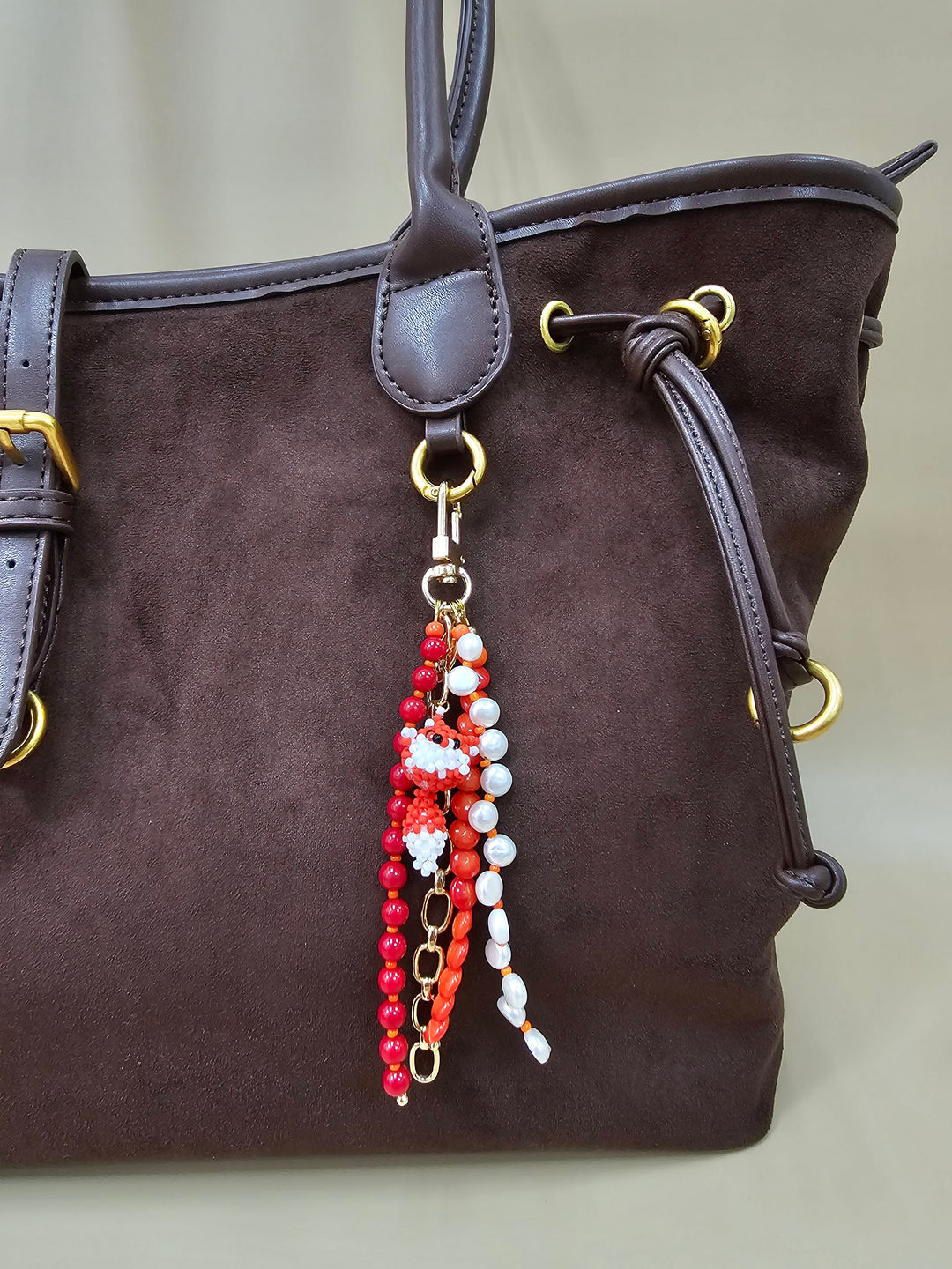 Fox Charm Bamboo Coral And Pearls Tassel Phone Strap / Bag Charm PC112