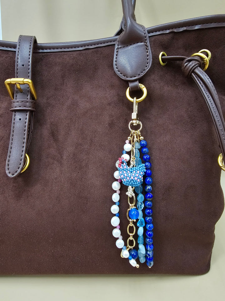 Handcrafted Chicken Charm Lapis Aquamarine And Pearls Tassel Phone Strap / Bag Charm PC111