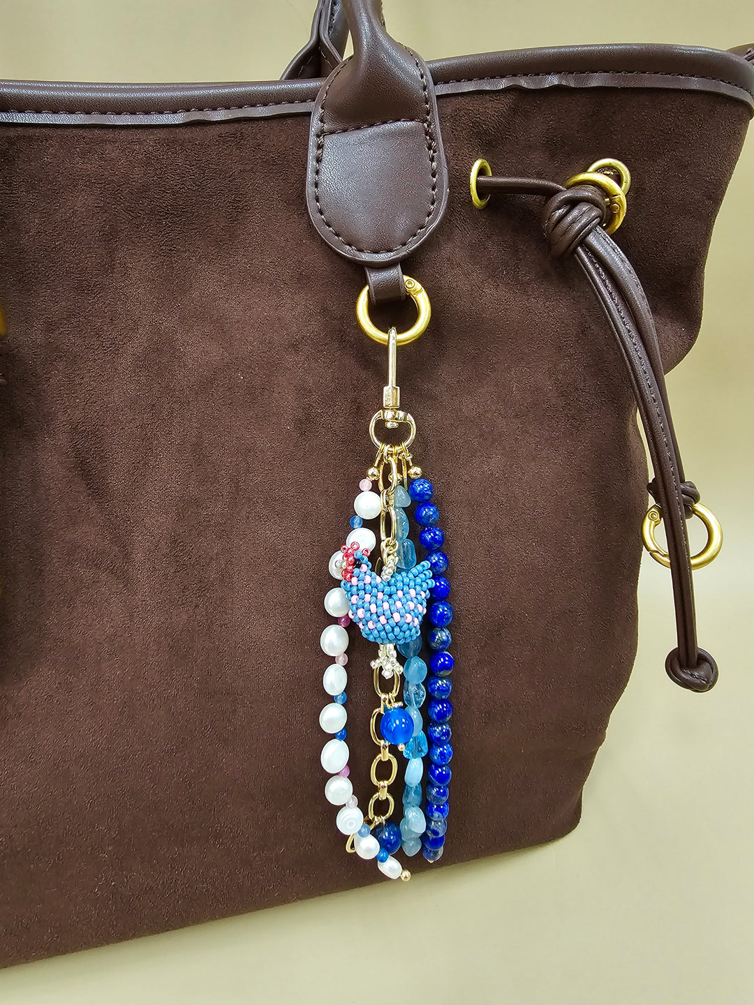 Handcrafted Chicken Charm Lapis Aquamarine And Pearls Tassel Phone Strap / Bag Charm PC111