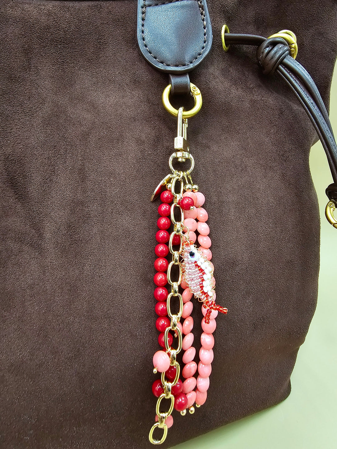 Fish Charm Pink & Red Bamboo Coral Phone Strap / Bag Charm PC102