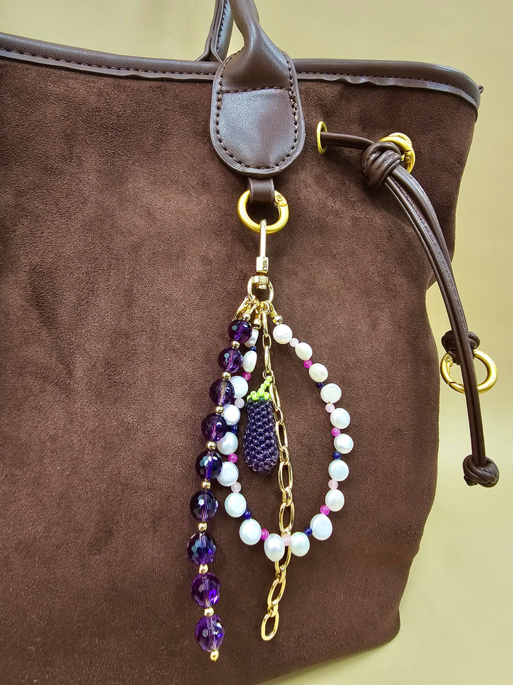 Amethyst And Pearl Handcrafted Eggplant Charm Phone Strap / Bag Charm PC101