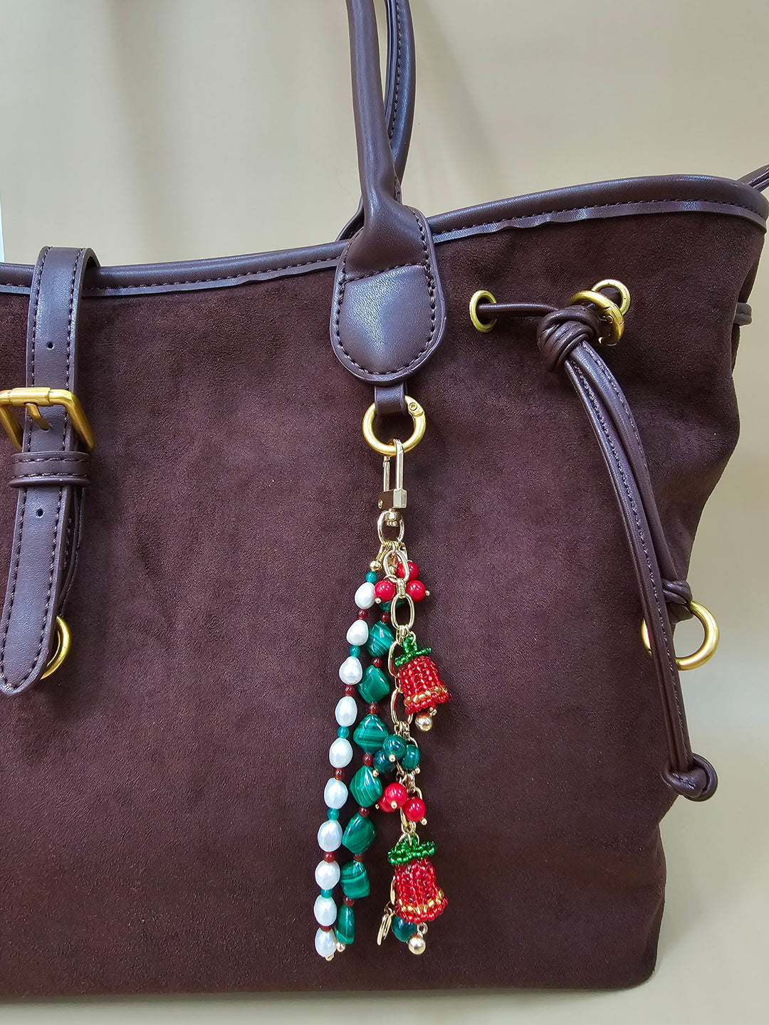 Christmas Bell Malachite And Bamboo Coral And Pearls Tassel Phone Strap / Bag Charm PC109
