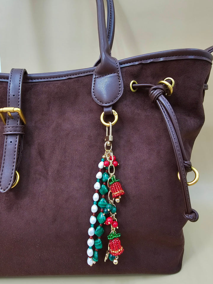 Christmas Bell Malachite And Bamboo Coral And Pearls Tassel Phone Strap / Bag Charm PC109
