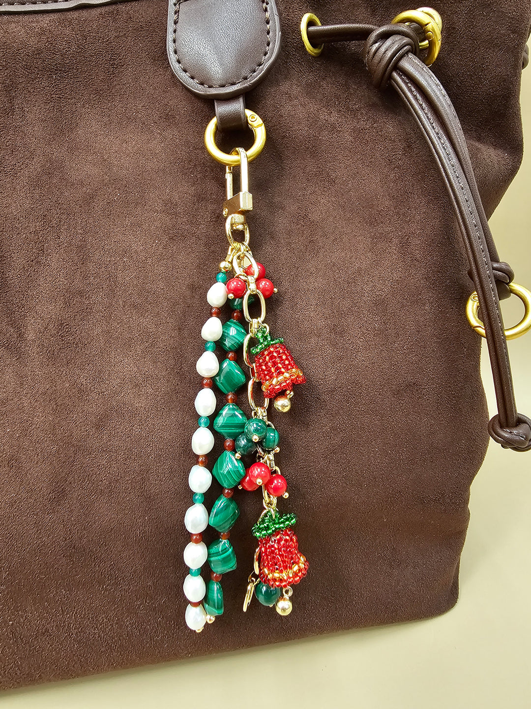Christmas Bell Malachite And Bamboo Coral And Pearls Tassel Phone Strap / Bag Charm PC109