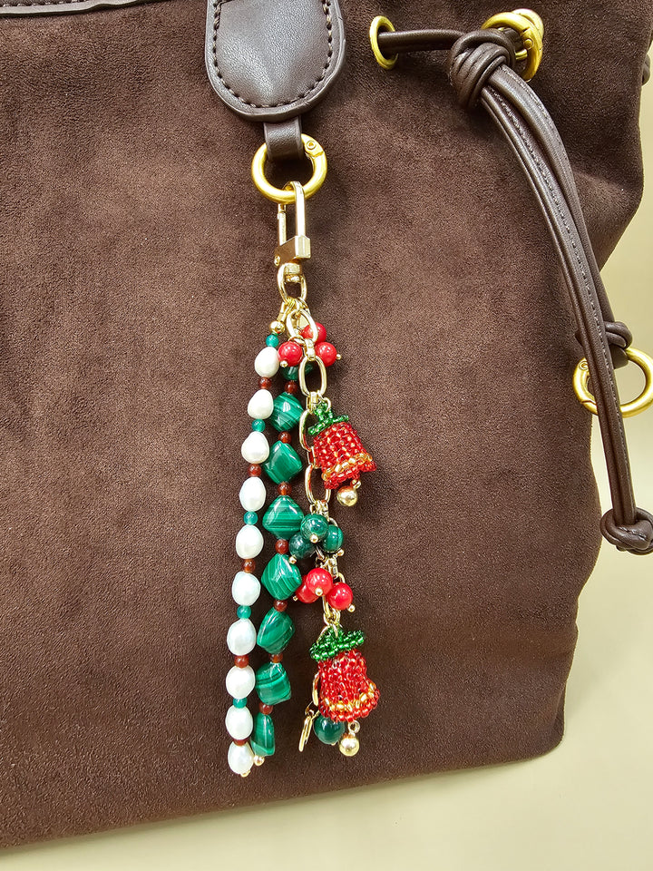 Christmas Bell Malachite And Bamboo Coral And Pearls Tassel Phone Strap / Bag Charm PC109