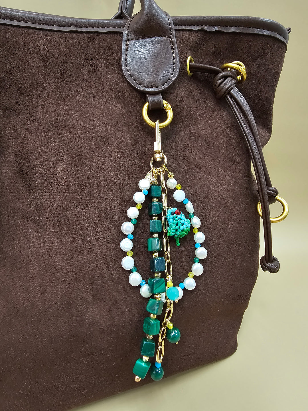 Green Malachite Freshwater Pearl Bird Charm Phone Strap / Bag Charm PC100