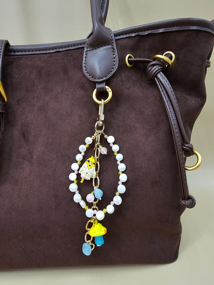 Bird & Mushroom Freshwater Pearls Tassel Phone Strap / Bag Charm PC107