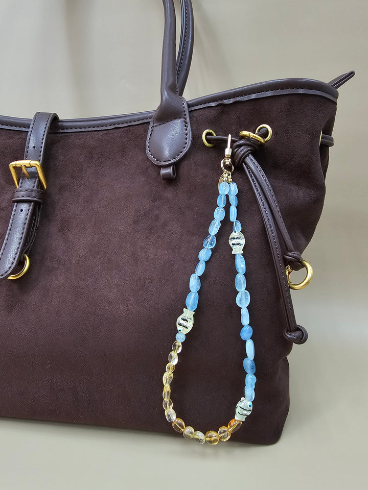 Ocean Inspired Citrine And Aquamarine With Fish Phone Strap PC128