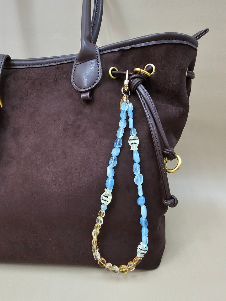 Ocean Inspired Citrine And Aquamarine With Fish Phone Strap PC128
