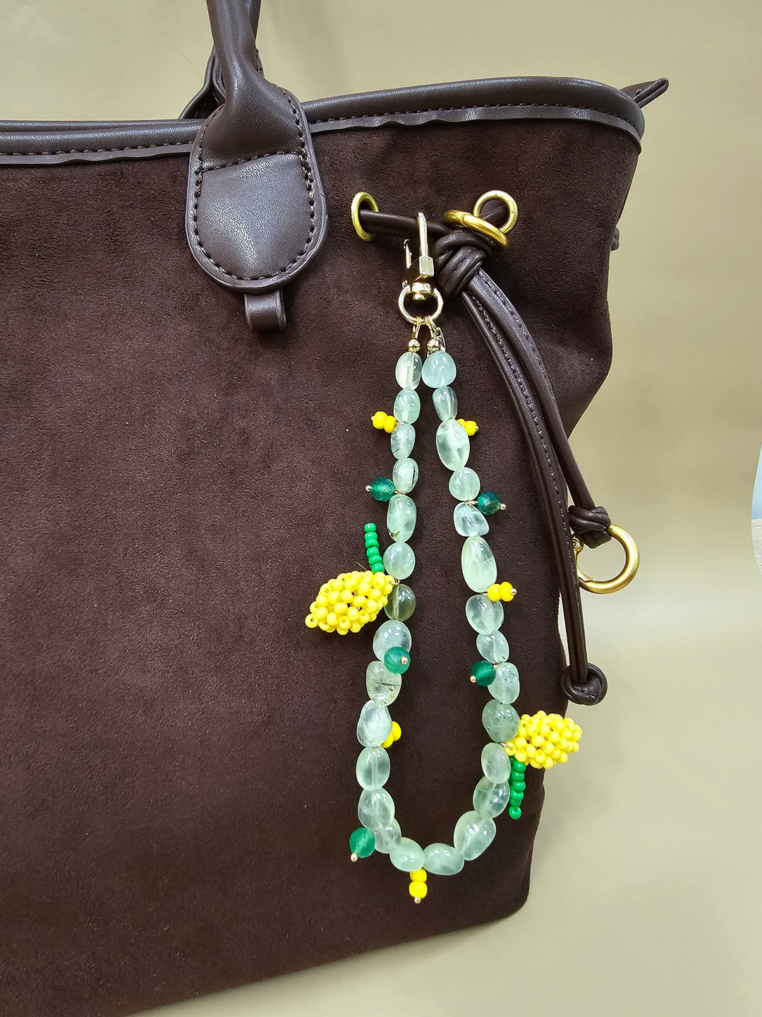 Handcrafted Lemon Charm With Natural Prehnite Phone Strap / Bag Charm PC129