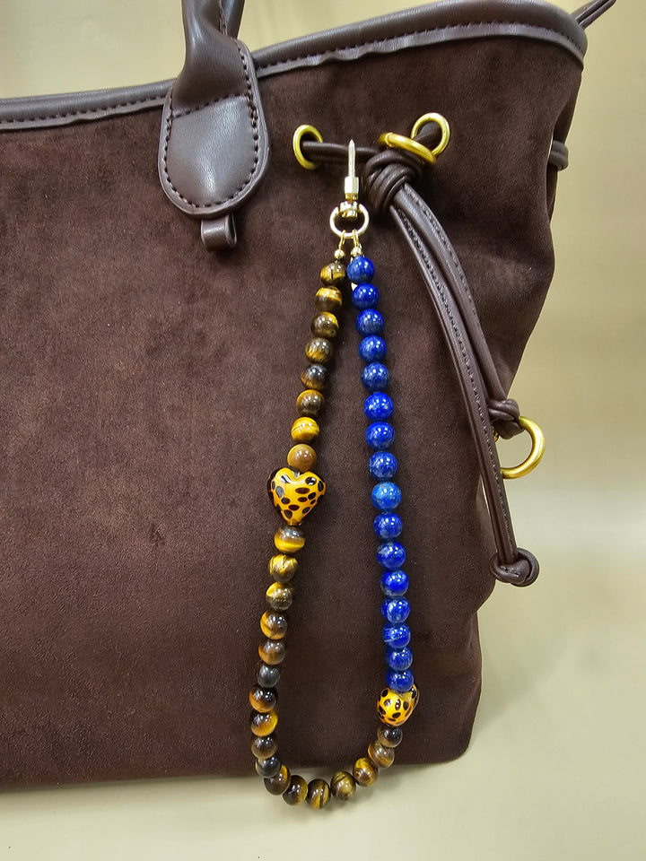 Lapis Lazuli Tiger Eye Stone And Leopard Print Heart Phone Strap PC144