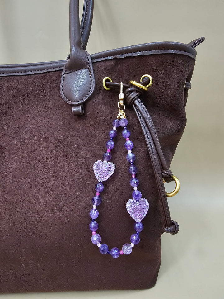 Amethyst Beaded Phone Strap with Sugar-Style Hearts PC136