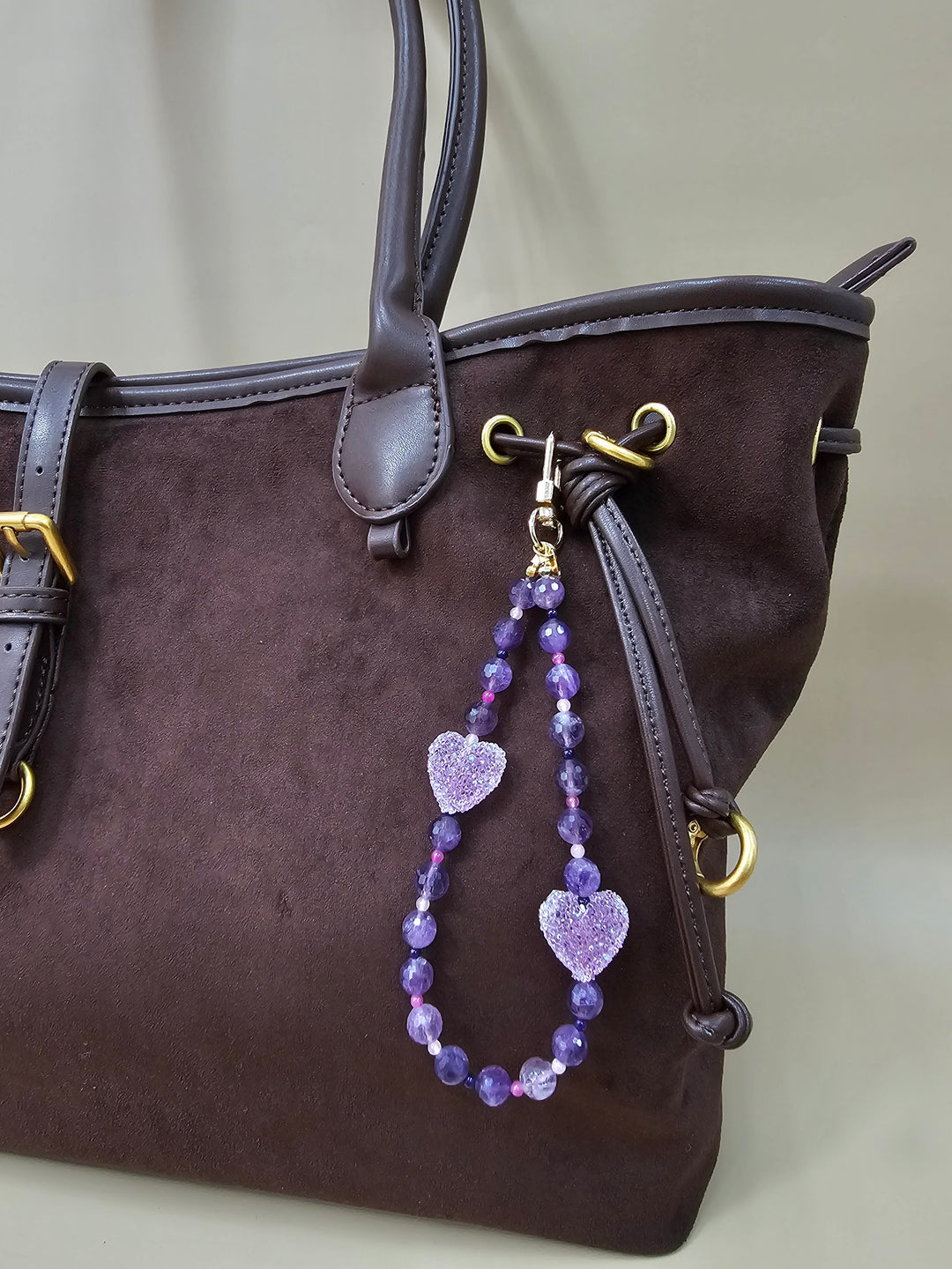 Amethyst Beaded Phone Strap with Sugar-Style Hearts PC136