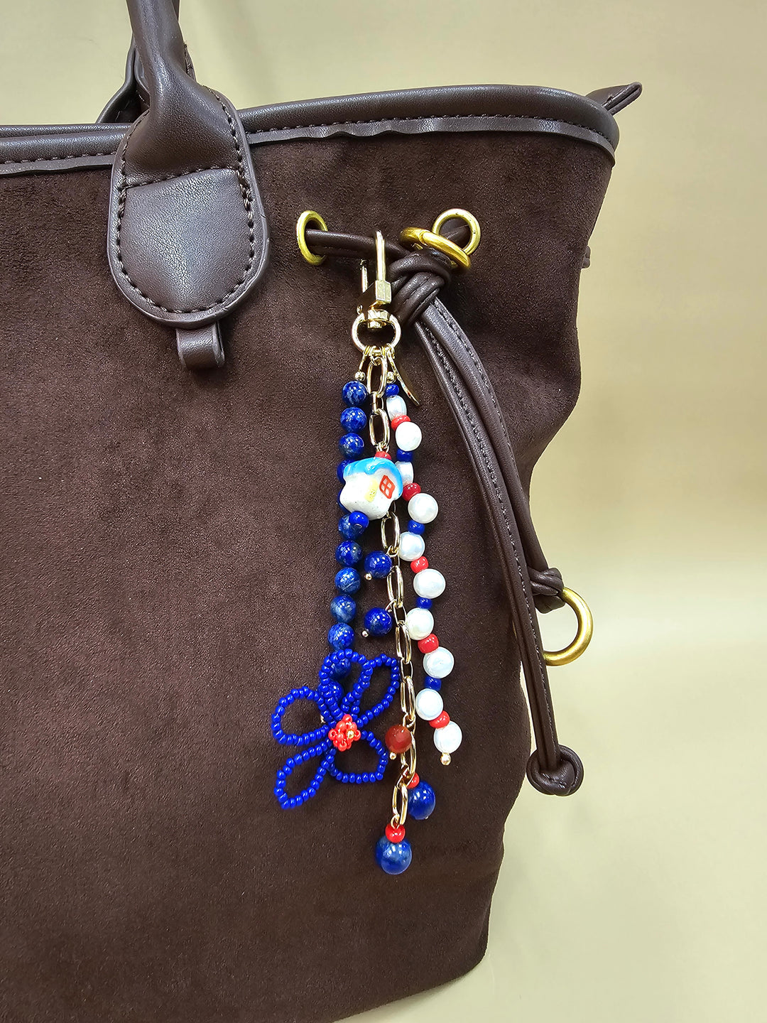 Flower Lapis And Pearls With Ceramic House Charm Phone Strap / Bag Charm PC104