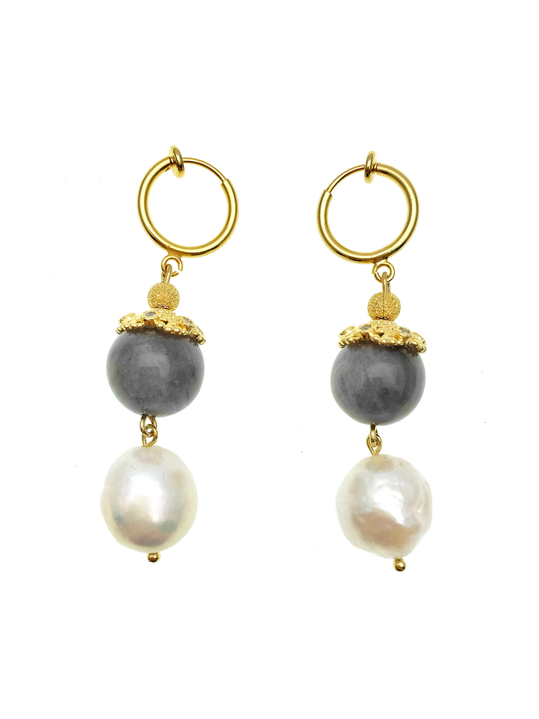 Labradorite And Freshwater Pearl Dangle Clip On Earrings AE021 - FARRA