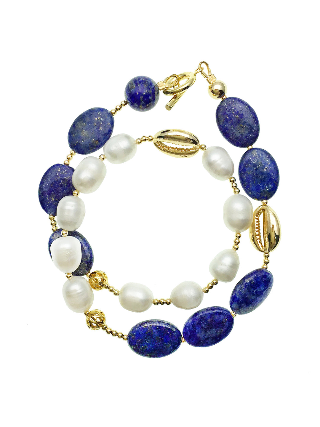 Natural Lapis With Freshwater Pearls Double Wrapped Bracelet DB203 - FARRA