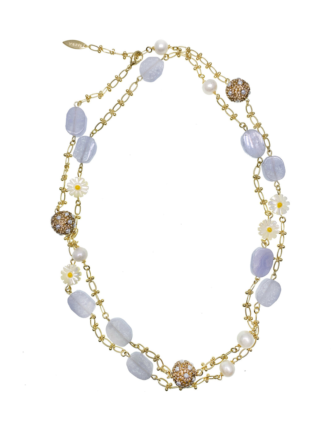 Blue Lace Agate With Daisy Flower Charm & Rhinestones Multi-Way Chain Necklace GN022 - FARRA