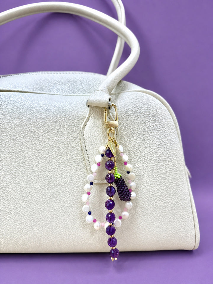 Amethyst And Pearl Handcrafted Eggplant Charm Phone Strap / Bag Charm PC101