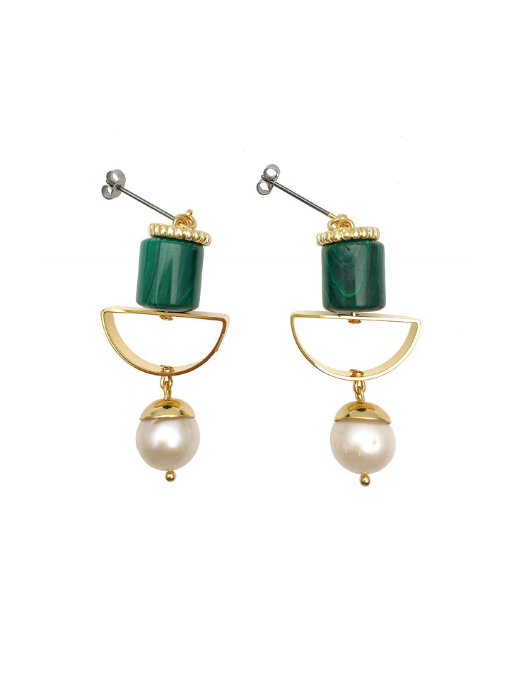 Malachite & Freshwater Pearls Geo Earrings AE027 - FARRA