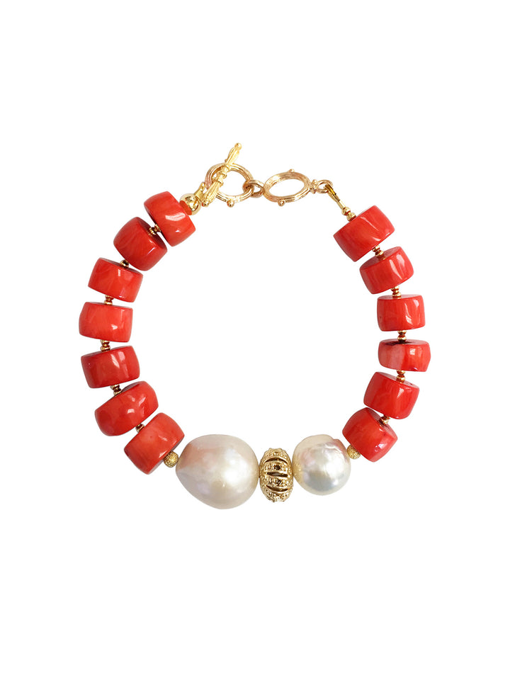 Rondelle Orange Coral With Natural Baroque Pearls Bracelet MB029