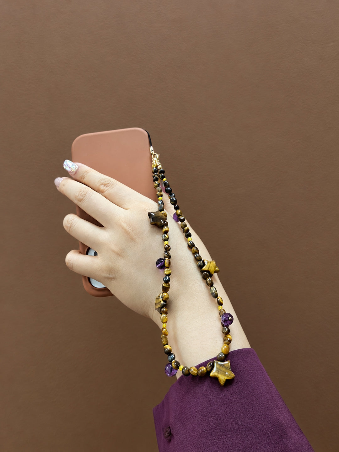 Tiger-Eye Stone Star & Purple Amethyst Phone Strap PC142