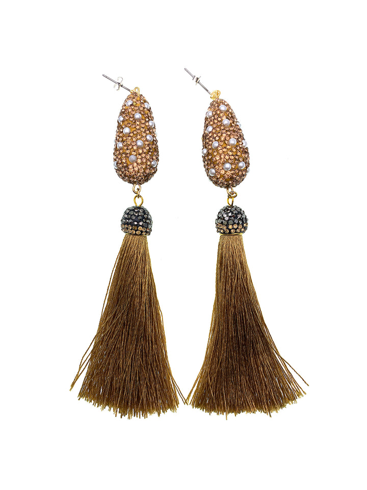 Brown Color Rhinestones Tassel Earrings FE002 - FARRA