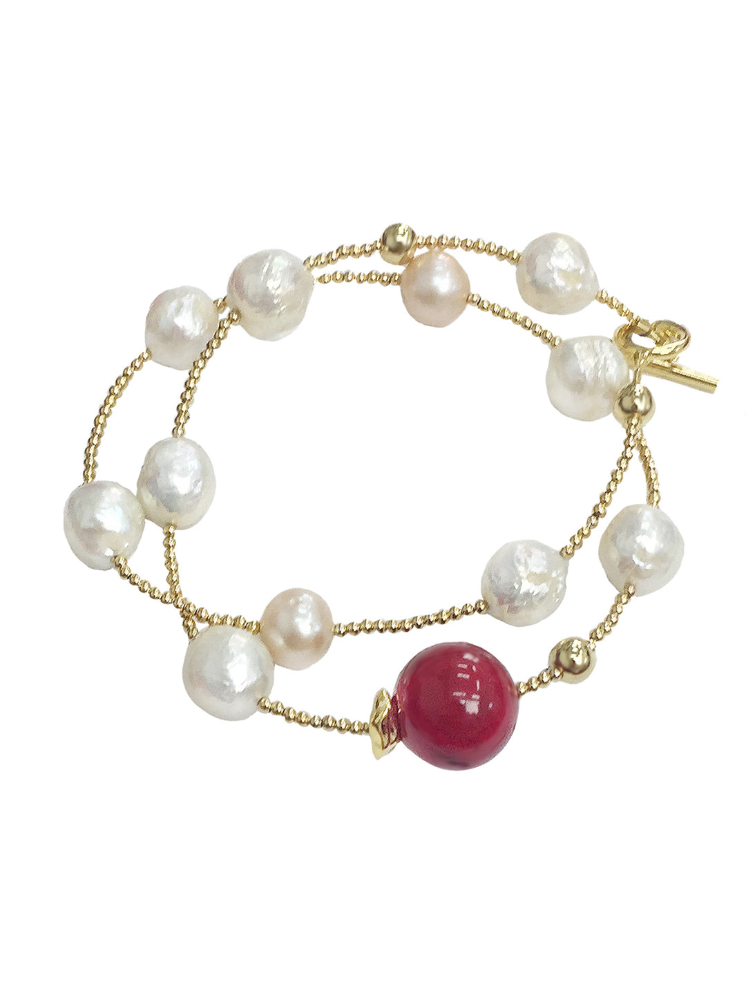 Freshwater Pearls Red Coral Double Wrapped Bracelet CB002 - FARRA