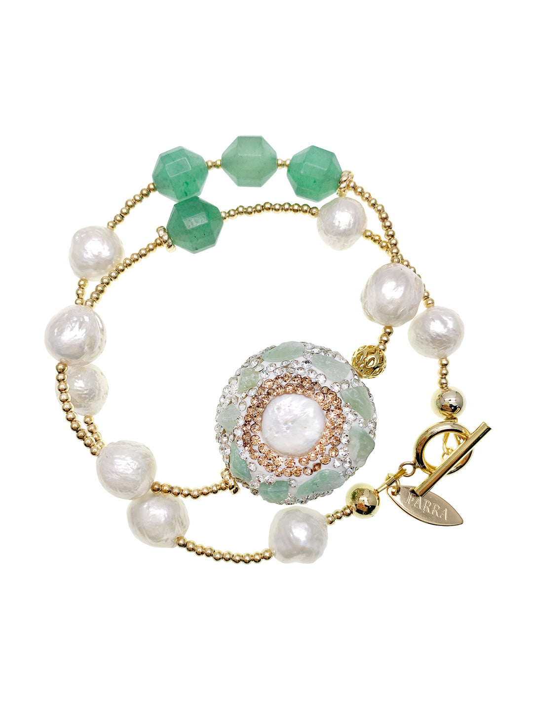 Freshwater Pearls With Aventurine Rhinestone Double Wrapped Bracelet HB002 - FARRA