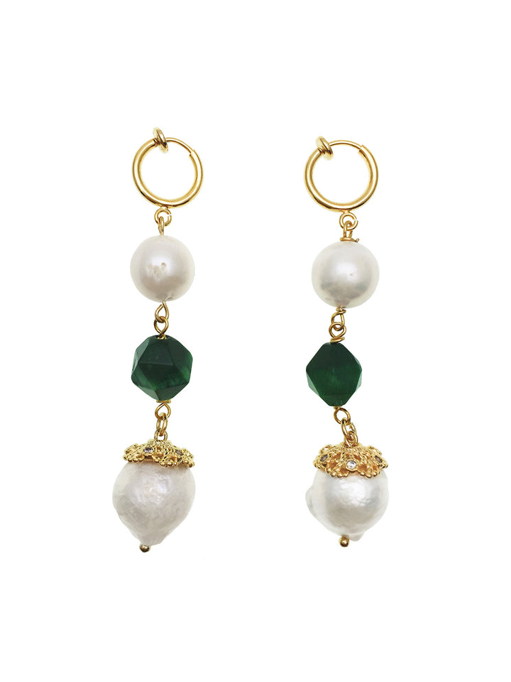 Green Tiger-eye Freshwater Pearls Dangle Clip On Earrings AE031 - FARRA