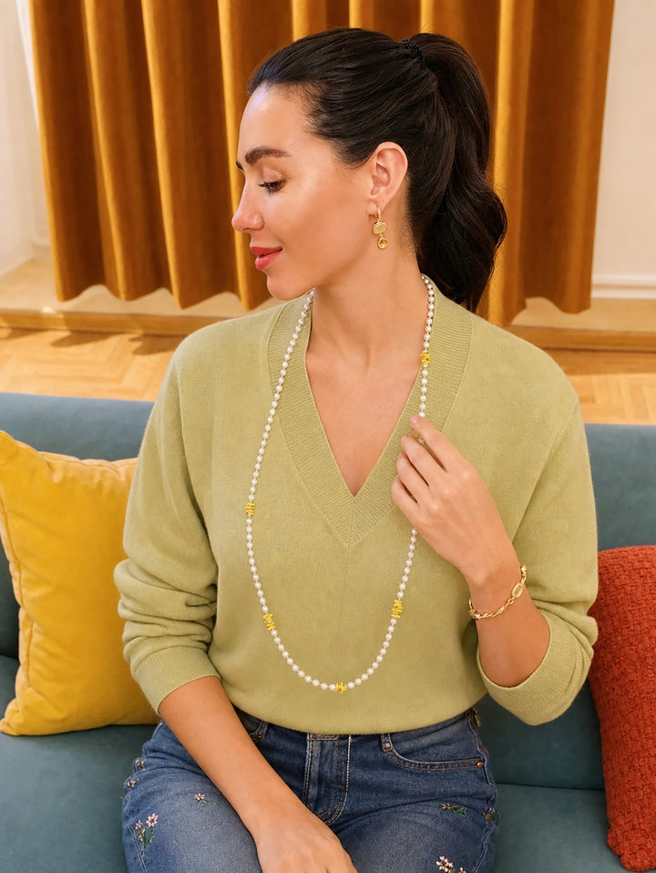 Freshwater Pearl With Yellow Bamboo Coral Long Necklace SN032