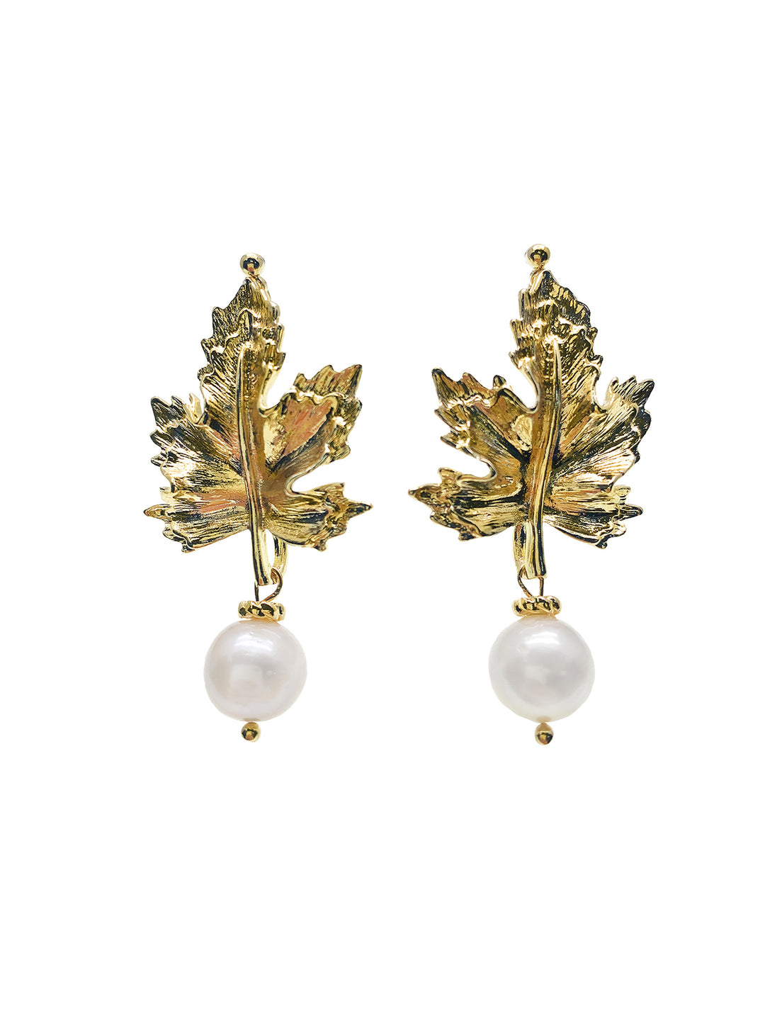 Gold Maple Leaves With Pearl Dangle Stud Earrings HE007 - FARRA