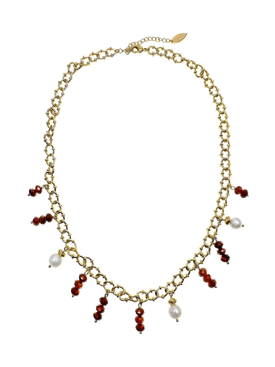 Orange Garnet & Freshwater Pearls Statement Chain Necklace KN034 - FARRA