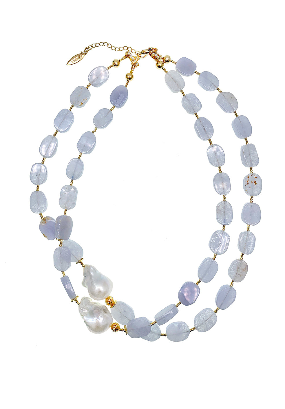 Blue Lace Agate With Baroque Pearls Double Strands Necklace GN023 - FARRA