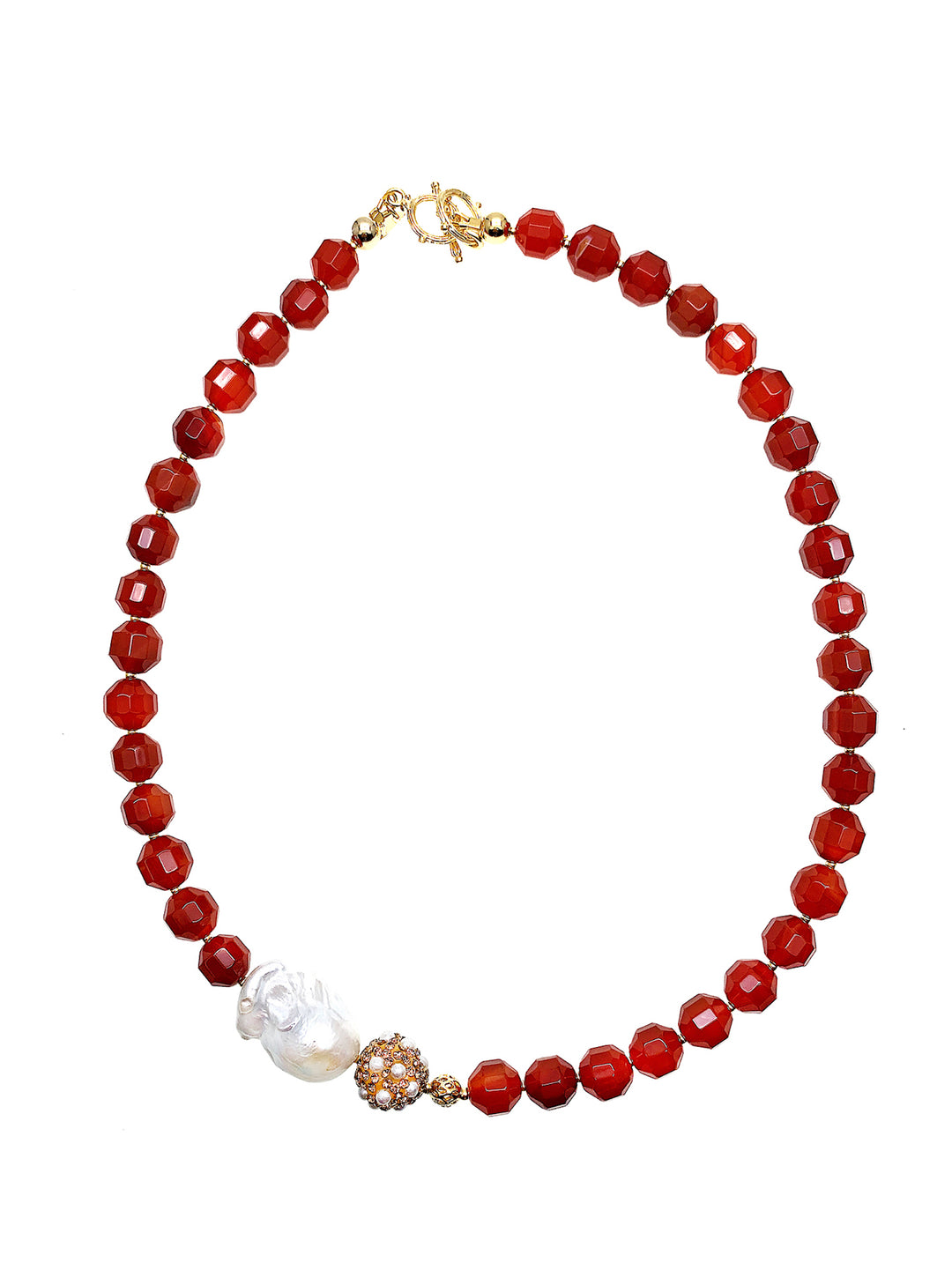 Red Agate With Baroque Pearl Short Necklace HN034 - FARRA