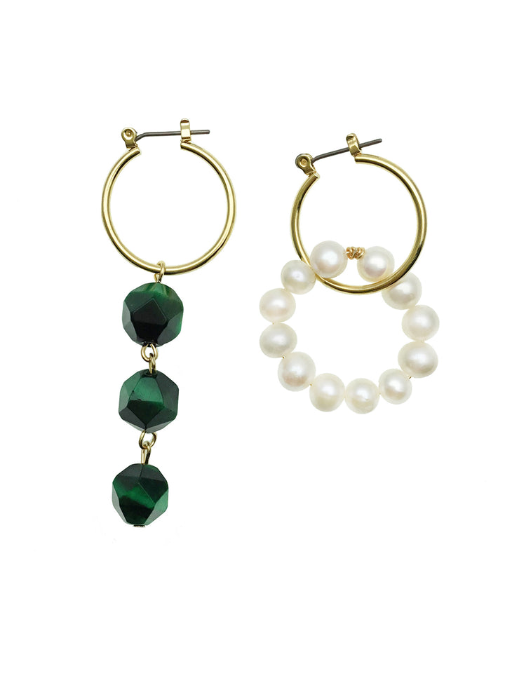 Malachite & Freshwater Pearls Asymmetric Clip On Earrings CE034 - FARRA