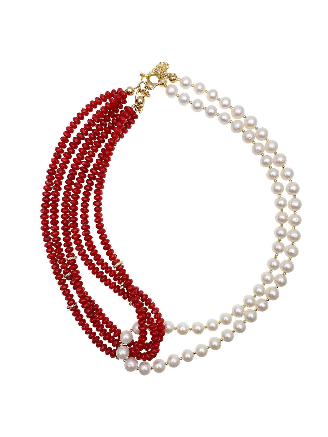 Red Corals With Freshwater Pearls Multi-Strands Necklace EN039 - FARRA
