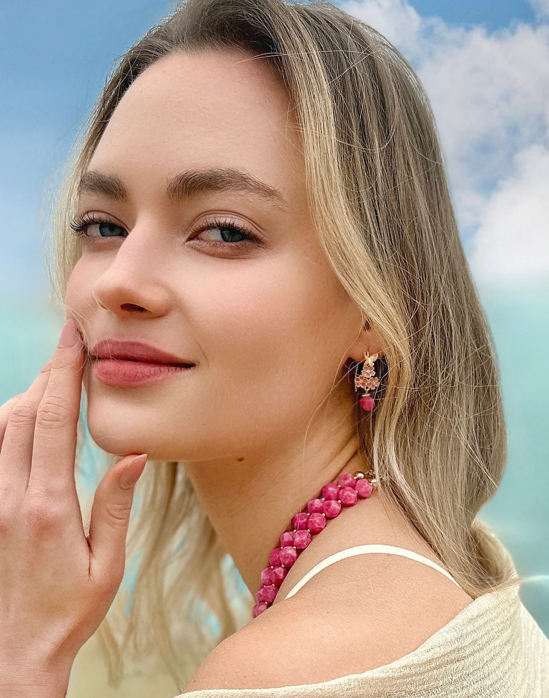 Glazed Flower with Pink Gemstone Dangle Earrings LE002 - FARRA
