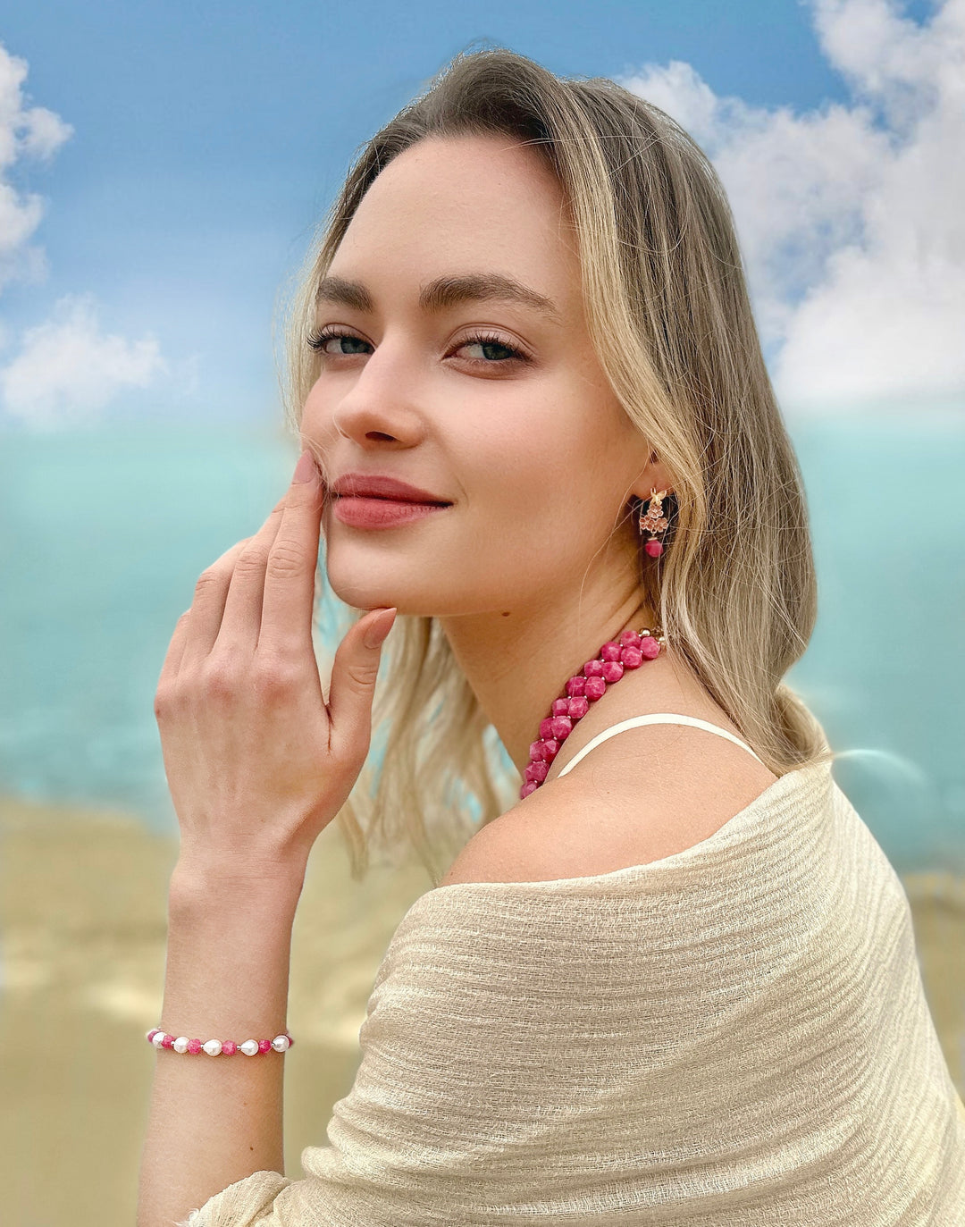 Freshwater Pearls and Pink Rhodochrosite Adjustable Bracelet LB002 - FARRA