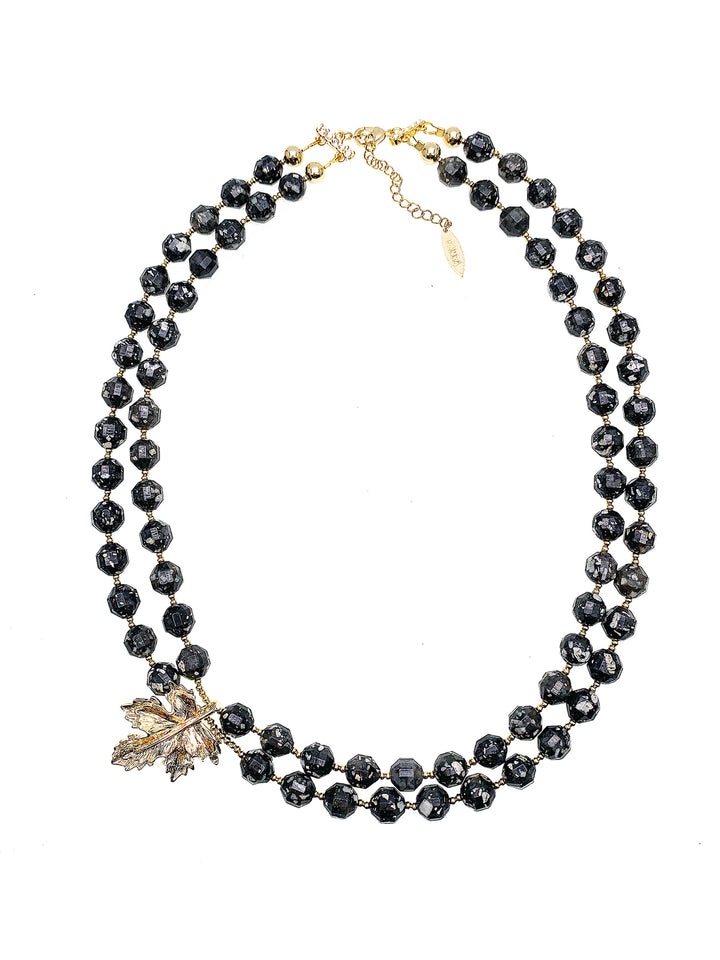 Black Snowflake Obsidian With Maple Leaf Double Layers Necklace HN037 - FARRA