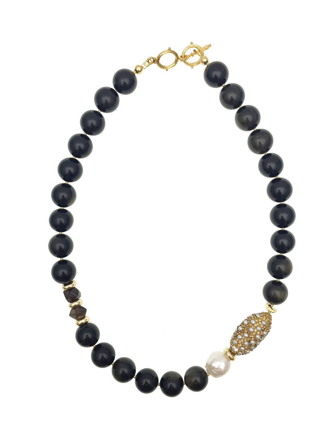 Black Obsidian With Freshwater Pearls Statement Necklace AN024 - FARRA
