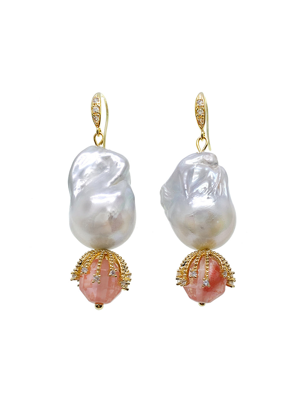 Baroque Pearl With Watermelon Quartz Elegant Earrings HE020 - FARRA